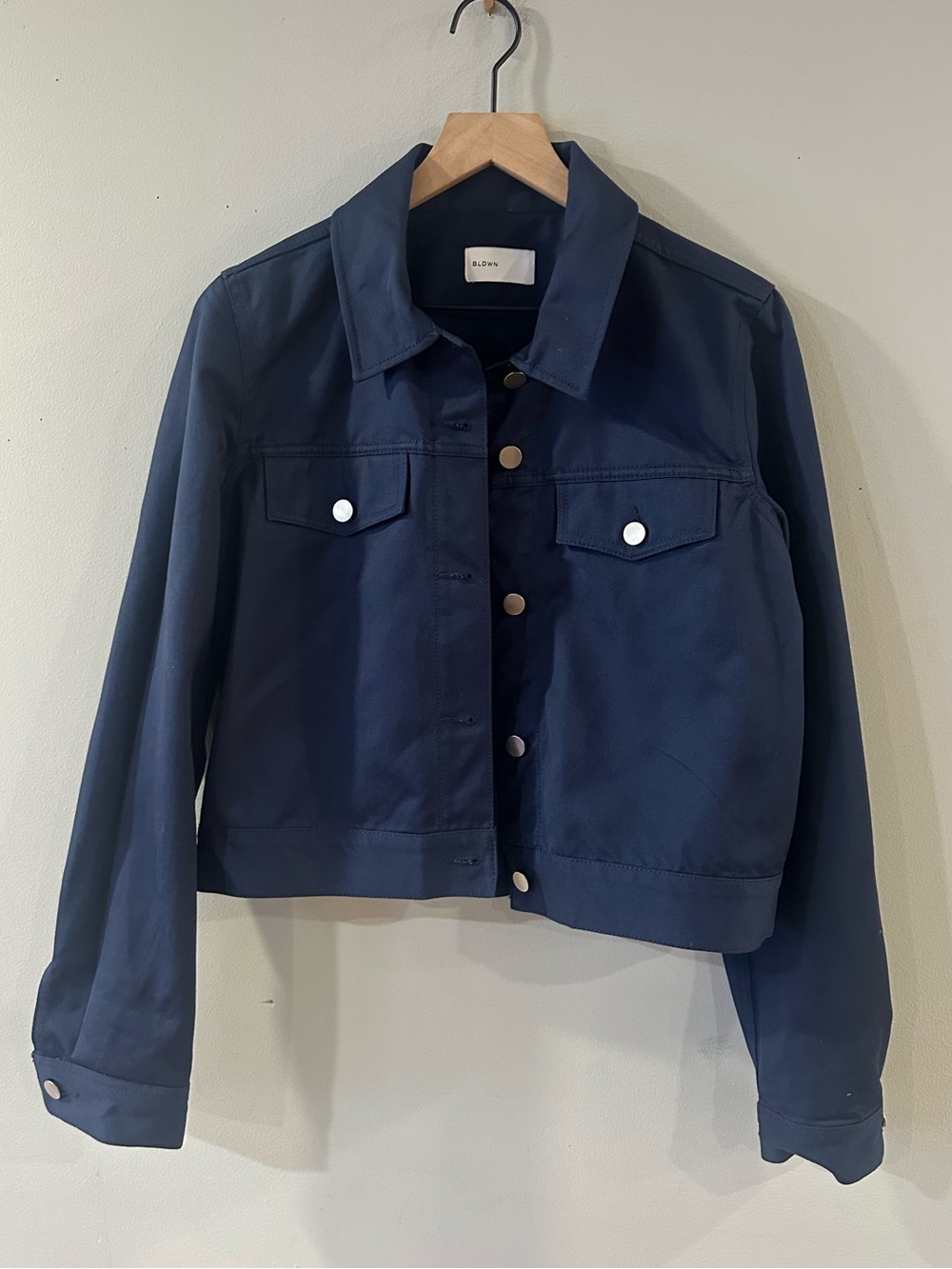 Cropped Cotton Boxy Navy Button-Front Jacket